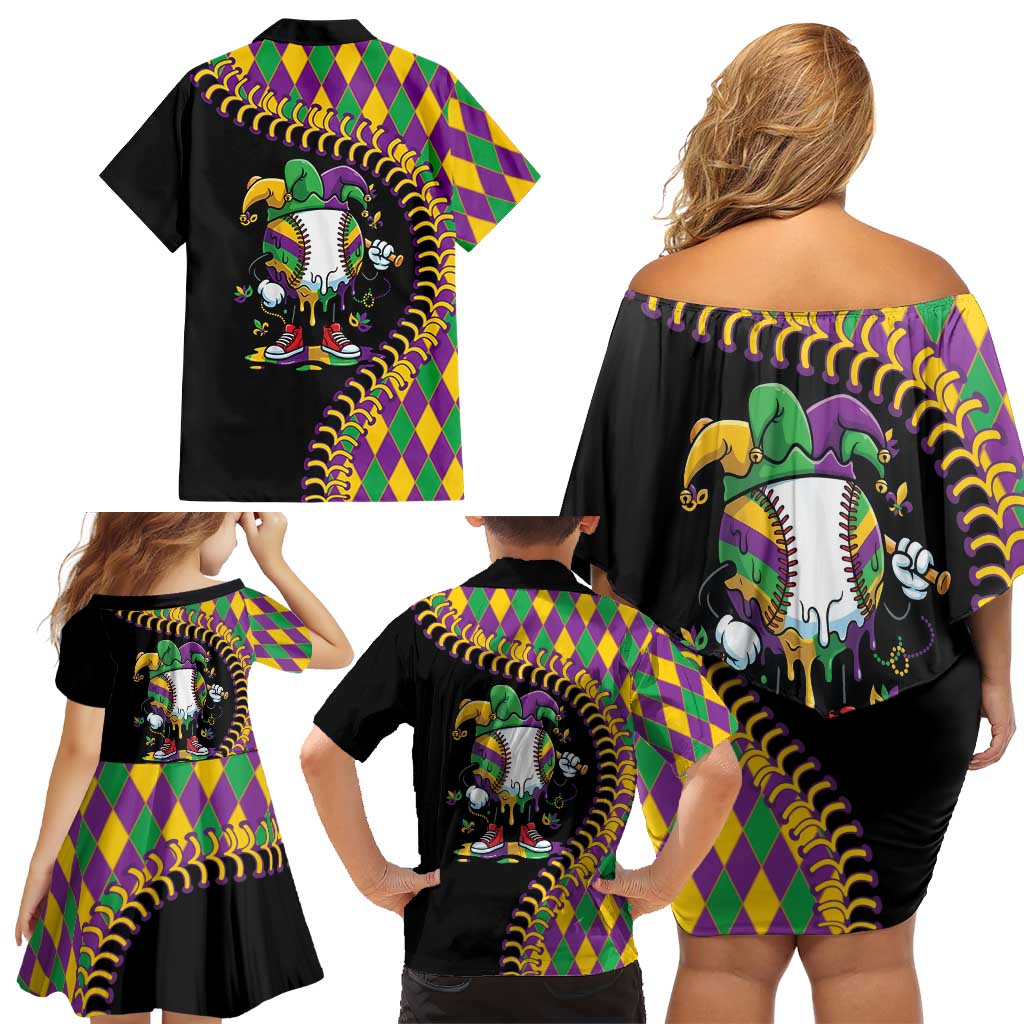 Dripping Baseball Mardi Gras Family Matching Off Shoulder Short Dress and Hawaiian Shirt Throw me Something Mister!