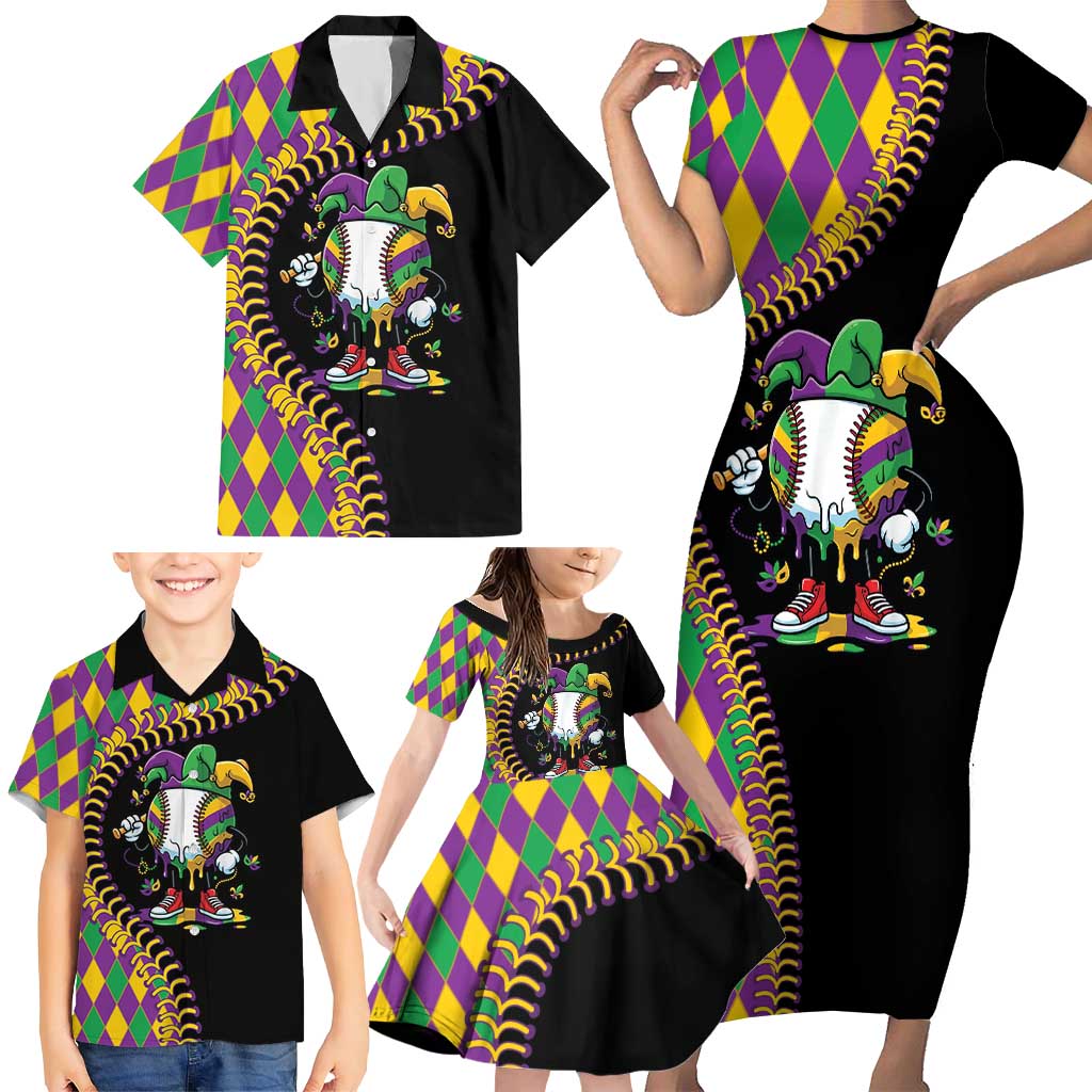 Dripping Baseball Mardi Gras Family Matching Short Sleeve Bodycon Dress and Hawaiian Shirt Throw me Something Mister!