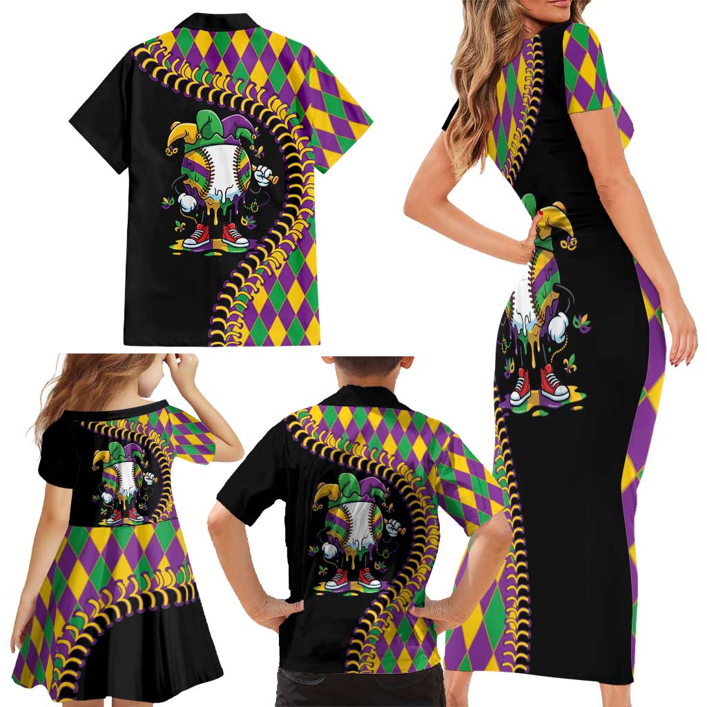 Dripping Baseball Mardi Gras Family Matching Short Sleeve Bodycon Dress and Hawaiian Shirt Throw me Something Mister!