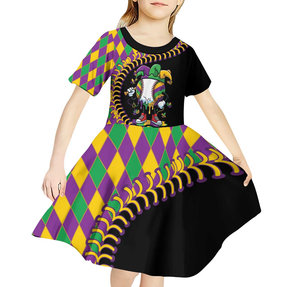 Dripping Baseball Mardi Gras Kid Short Sleeve Dress Throw me Something Mister!