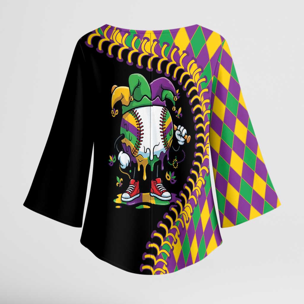 Dripping Baseball Mardi Gras Kimono Sleeve Blouse Throw me Something Mister!