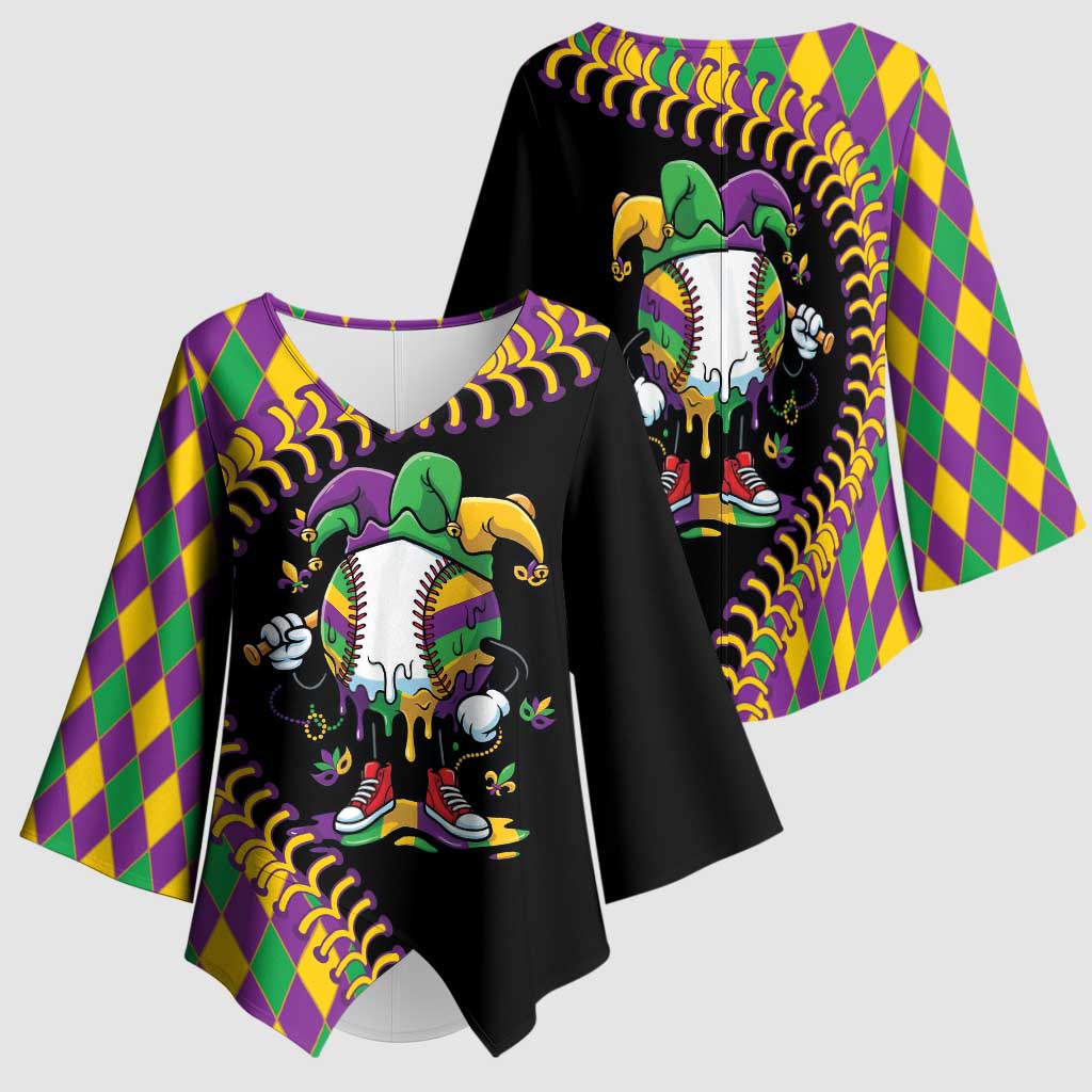 Dripping Baseball Mardi Gras Kimono Sleeve Blouse Throw me Something Mister!