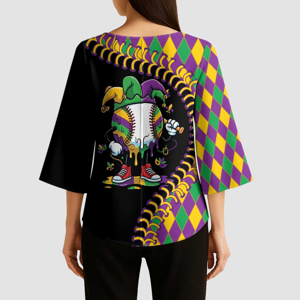 Dripping Baseball Mardi Gras Kimono Sleeve Blouse Throw me Something Mister!