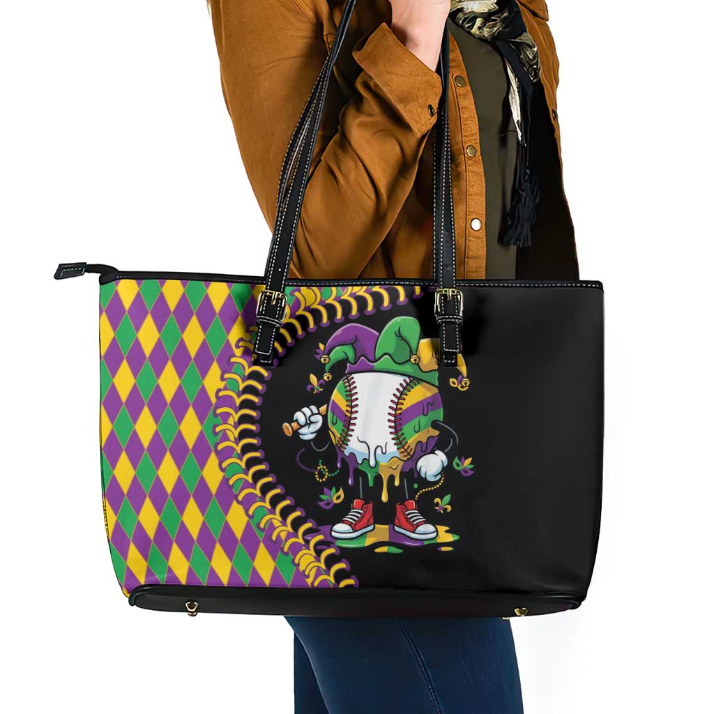Dripping Baseball Mardi Gras Leather Tote Bag Throw me Something Mister!