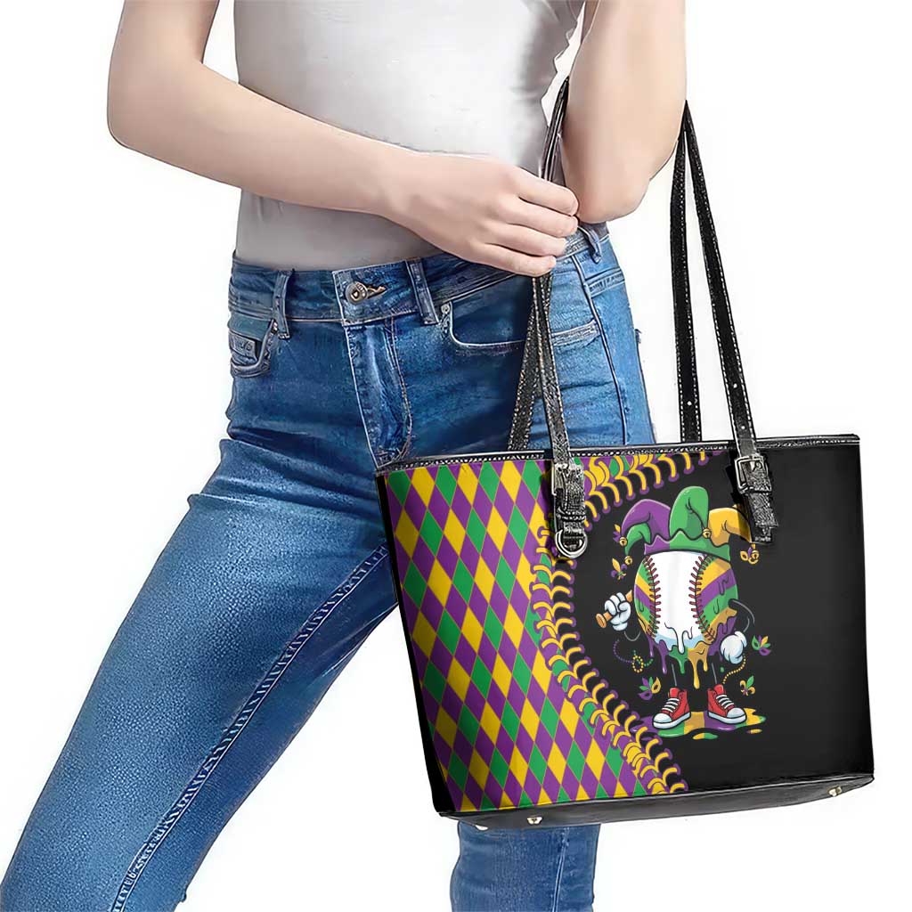 Dripping Baseball Mardi Gras Leather Tote Bag Throw me Something Mister!