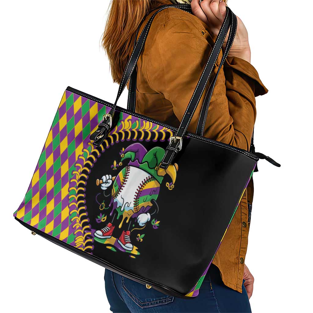 Dripping Baseball Mardi Gras Leather Tote Bag Throw me Something Mister!