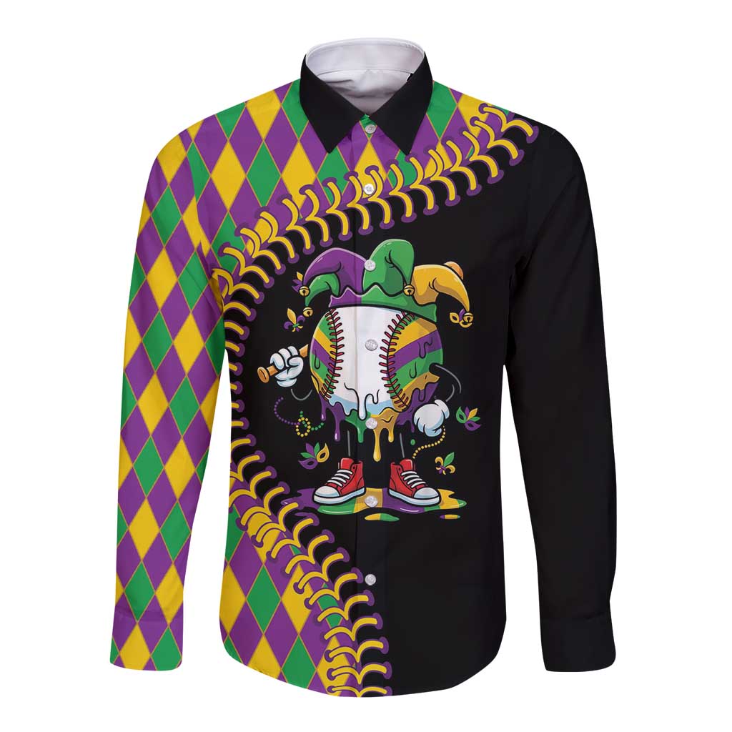 Dripping Baseball Mardi Gras Long Sleeve Button Shirt Throw me Something Mister!