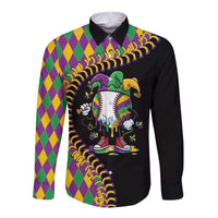 Dripping Baseball Mardi Gras Long Sleeve Button Shirt Throw me Something Mister!