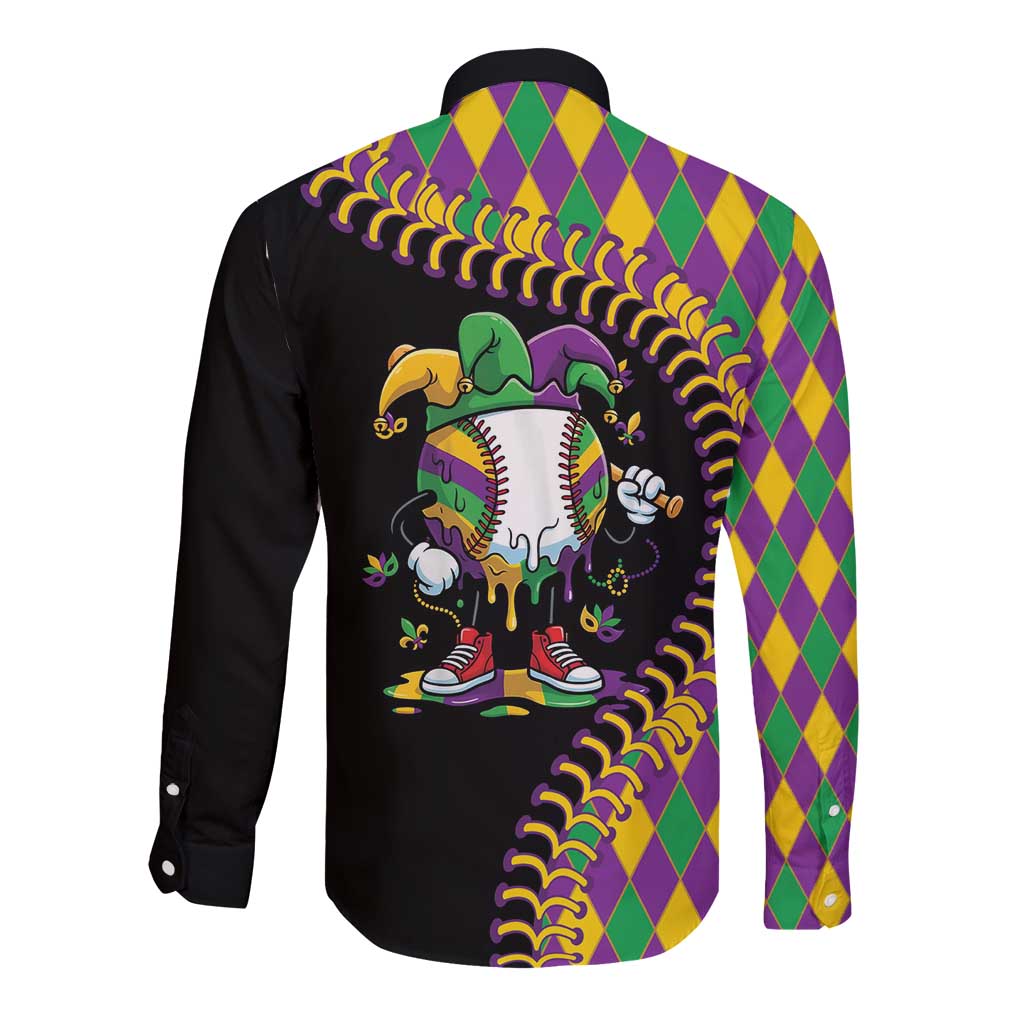 Dripping Baseball Mardi Gras Long Sleeve Button Shirt Throw me Something Mister!