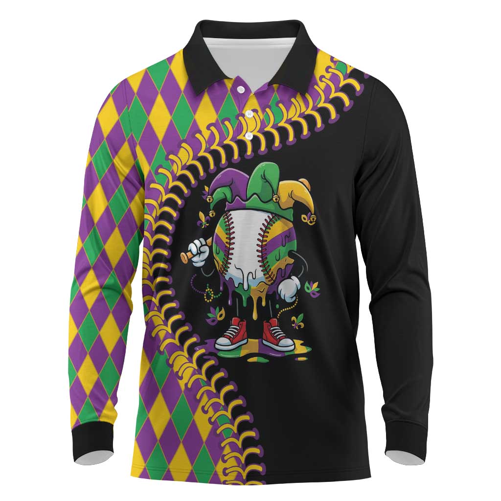 Dripping Baseball Mardi Gras Long Sleeve Polo Shirt Throw me Something Mister!