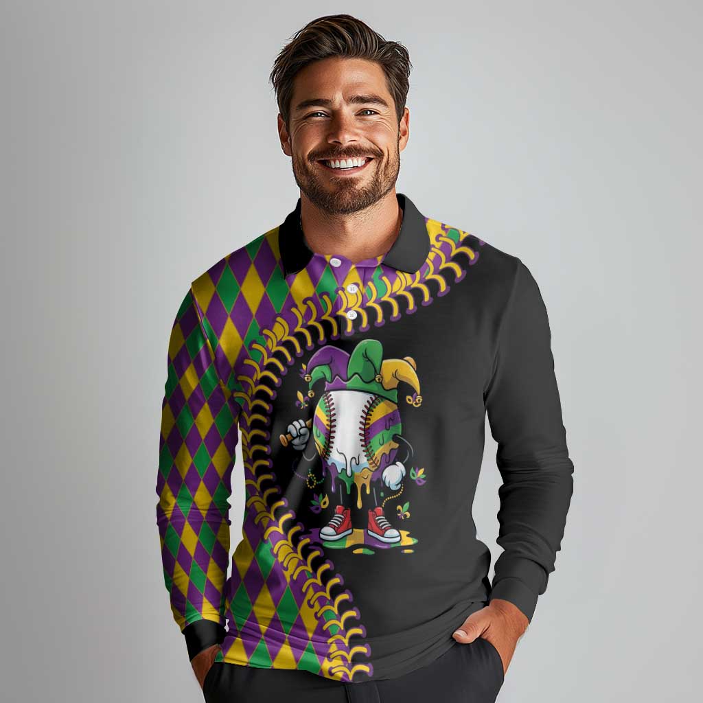 Dripping Baseball Mardi Gras Long Sleeve Polo Shirt Throw me Something Mister!