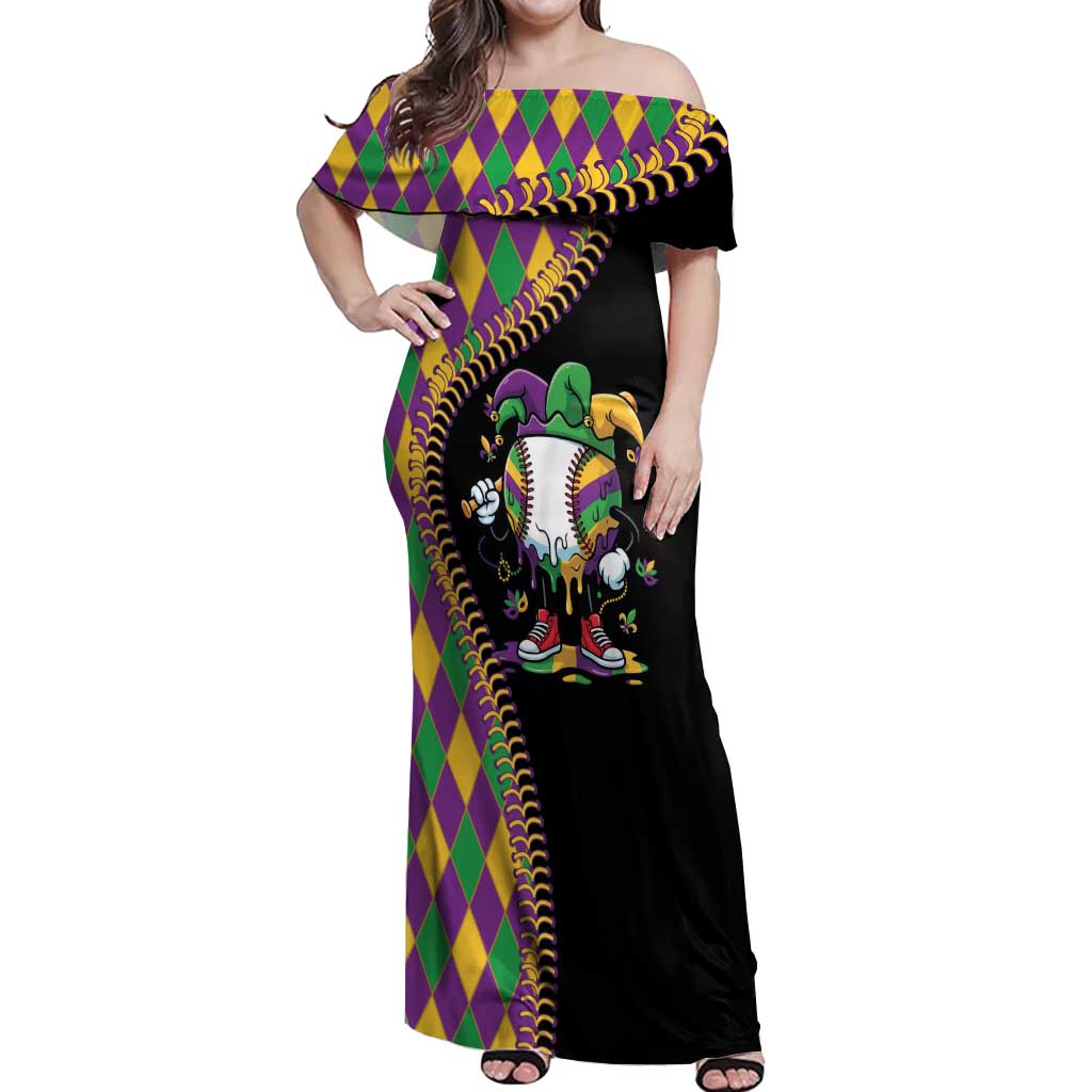 Dripping Baseball Mardi Gras Off Shoulder Maxi Dress Throw me Something Mister!
