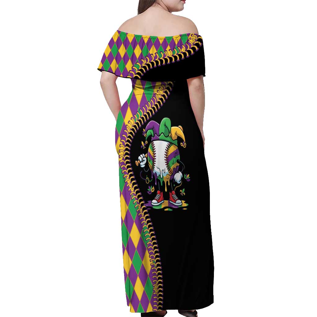 Dripping Baseball Mardi Gras Off Shoulder Maxi Dress Throw me Something Mister!