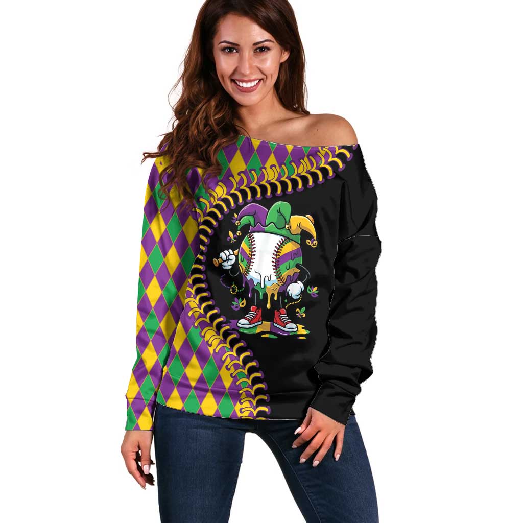 Dripping Baseball Mardi Gras Off Shoulder Sweater Throw me Something Mister!