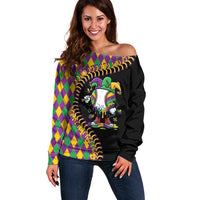 Dripping Baseball Mardi Gras Off Shoulder Sweater Throw me Something Mister!