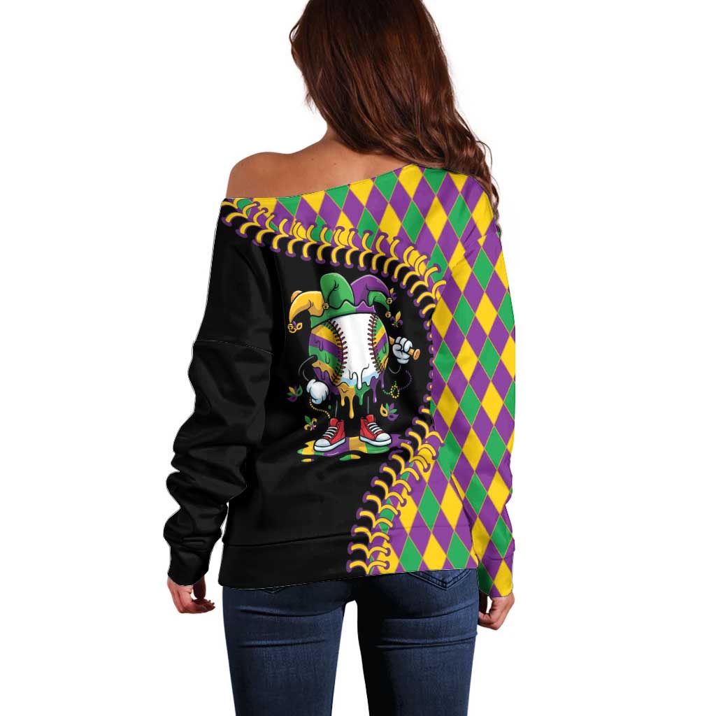 Dripping Baseball Mardi Gras Off Shoulder Sweater Throw me Something Mister!