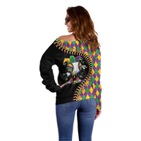 Dripping Baseball Mardi Gras Off Shoulder Sweater Throw me Something Mister!