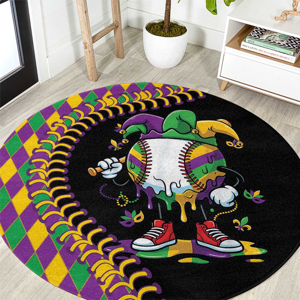 Dripping Baseball Mardi Gras Round Carpet Throw me Something Mister!