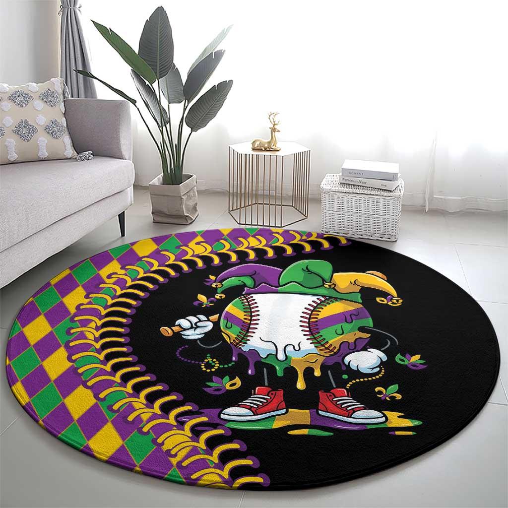 Dripping Baseball Mardi Gras Round Carpet Throw me Something Mister!