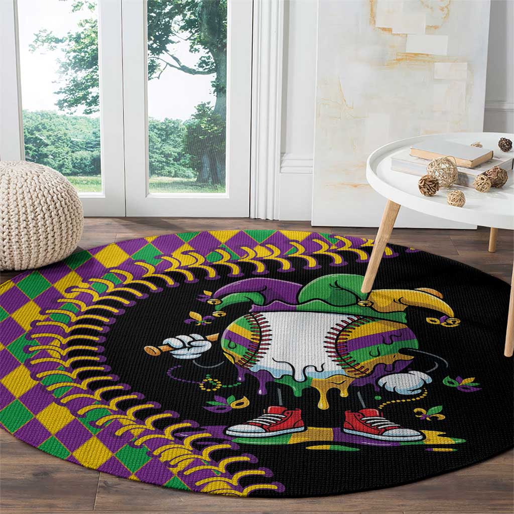 Dripping Baseball Mardi Gras Round Carpet Throw me Something Mister!