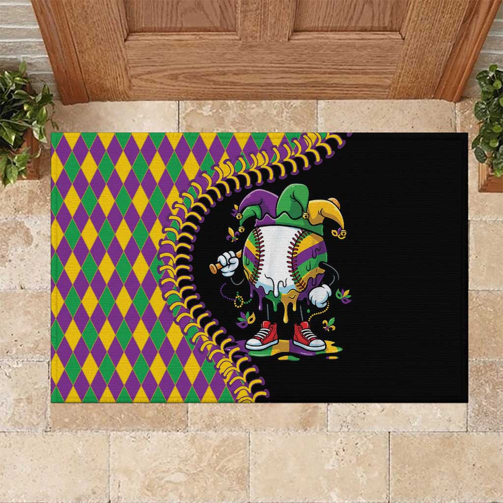 Dripping Baseball Mardi Gras Rubber Doormat Throw me Something Mister!