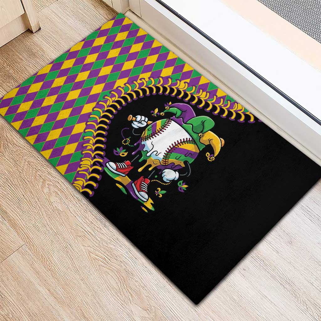 Dripping Baseball Mardi Gras Rubber Doormat Throw me Something Mister!