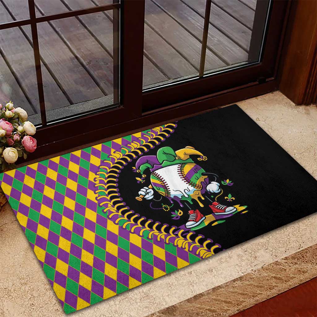 Dripping Baseball Mardi Gras Rubber Doormat Throw me Something Mister!
