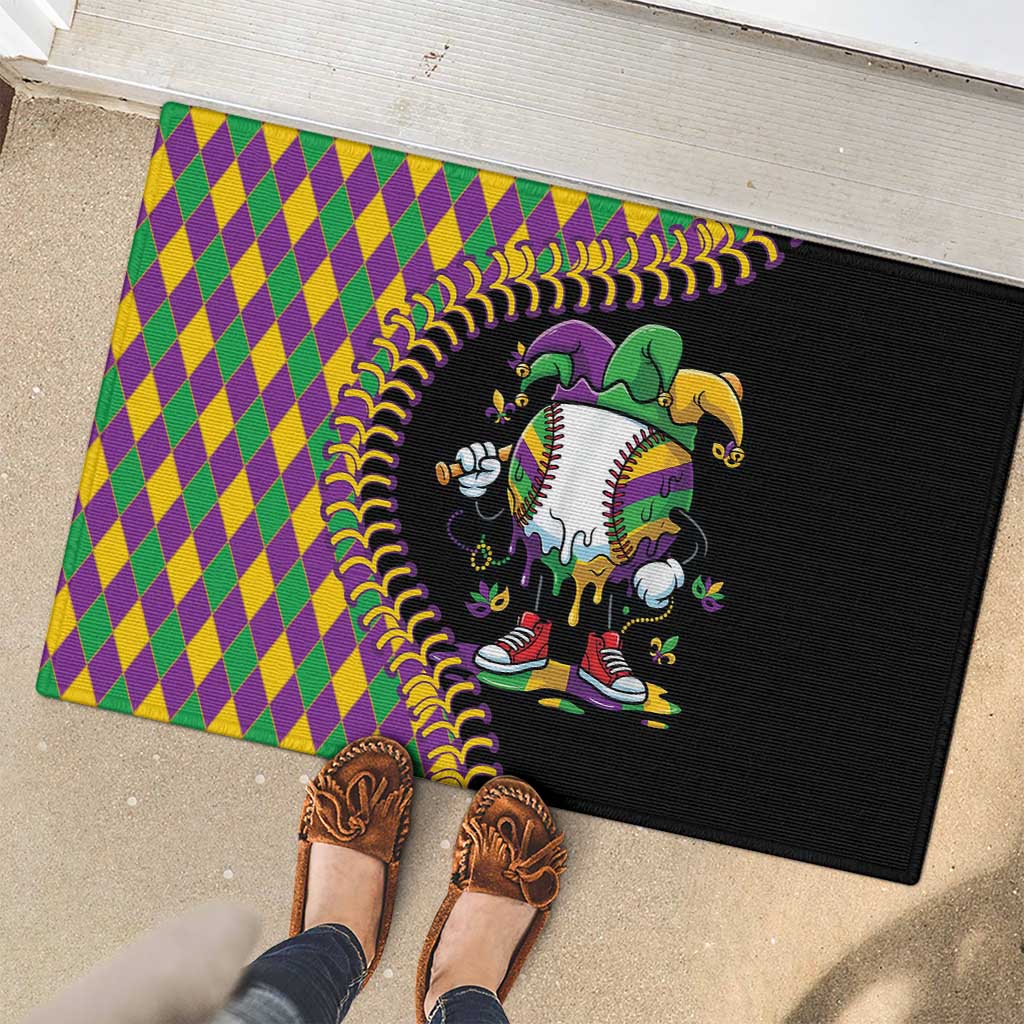 Dripping Baseball Mardi Gras Rubber Doormat Throw me Something Mister!