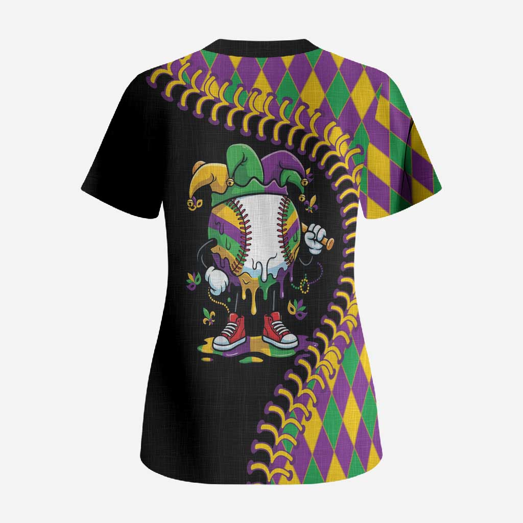 Dripping Baseball Mardi Gras Scrub Top Throw me Something Mister!