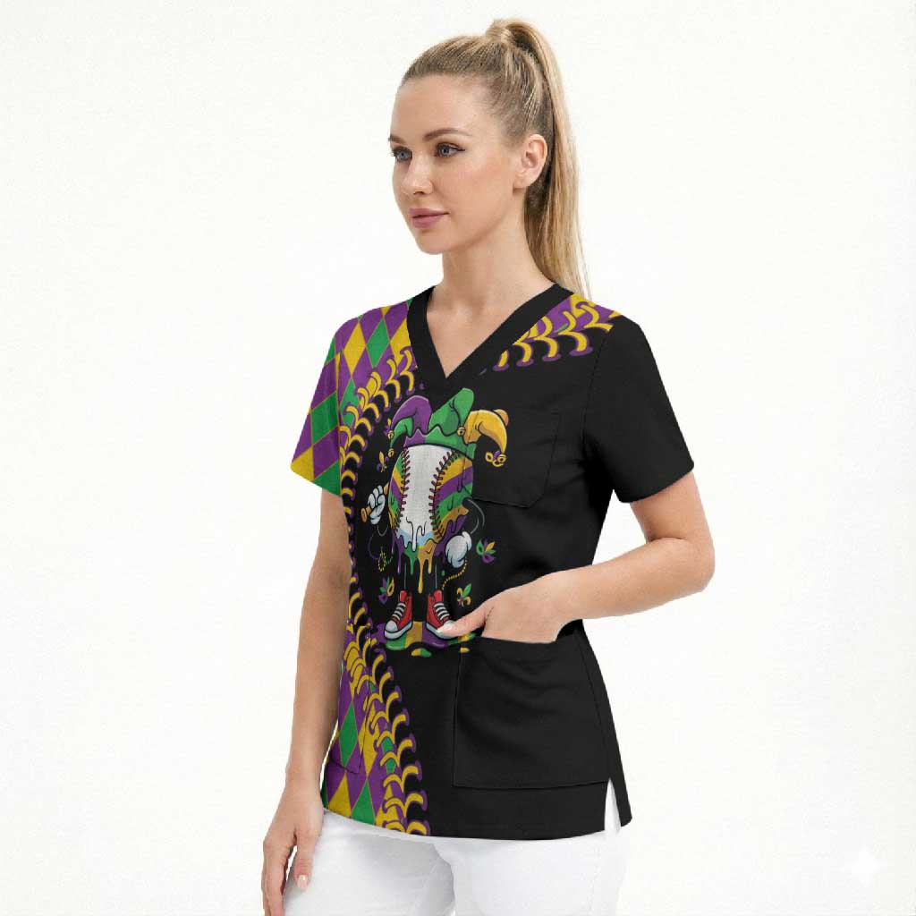 Dripping Baseball Mardi Gras Scrub Top Throw me Something Mister!