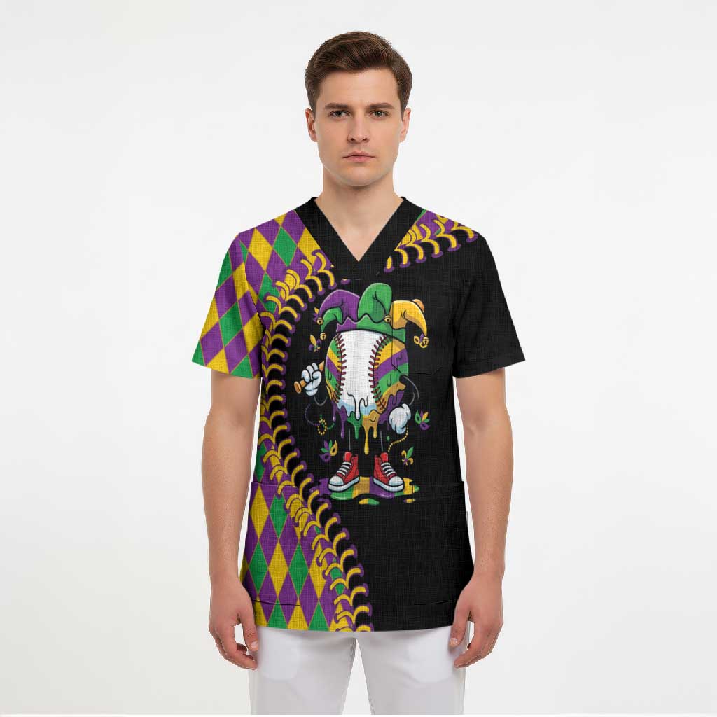 Dripping Baseball Mardi Gras Scrub Top Throw me Something Mister!