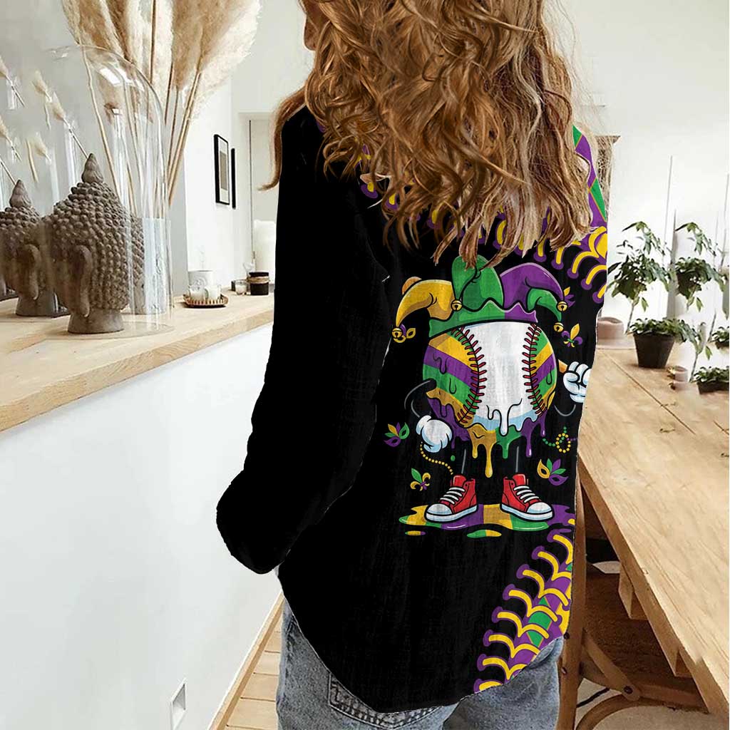 Dripping Baseball Mardi Gras Women Casual Shirt Throw me Something Mister!