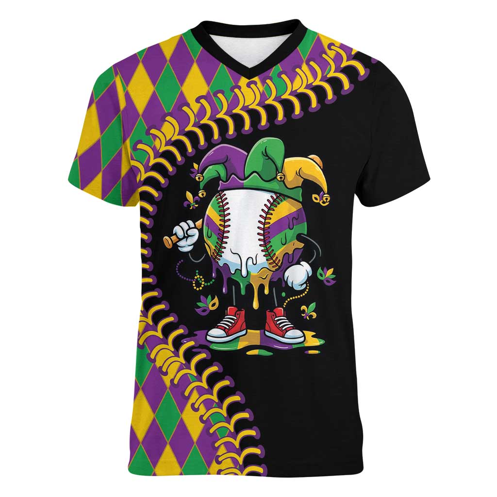 Dripping Baseball Mardi Gras Women V-Neck T-Shirt Throw me Something Mister!
