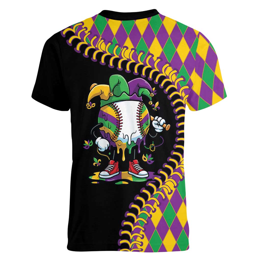 Dripping Baseball Mardi Gras Women V-Neck T-Shirt Throw me Something Mister!