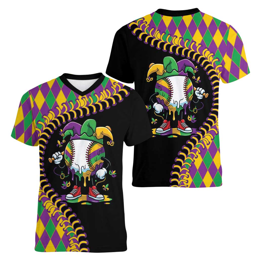 Dripping Baseball Mardi Gras Women V-Neck T-Shirt Throw me Something Mister!