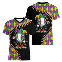 Dripping Baseball Mardi Gras Women V-Neck T-Shirt Throw me Something Mister!