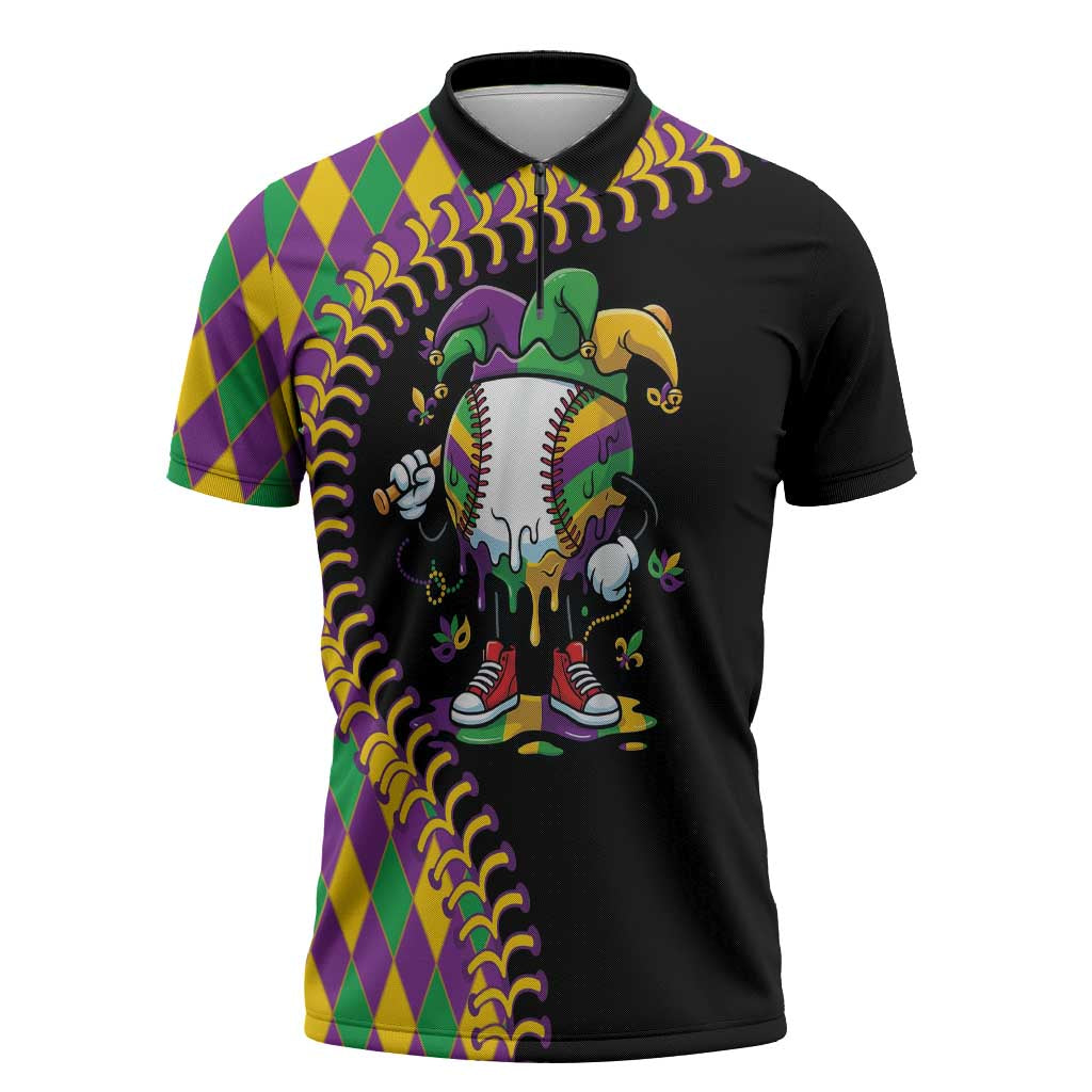 Dripping Baseball Mardi Gras Zipper Polo Shirt Throw me Something Mister!