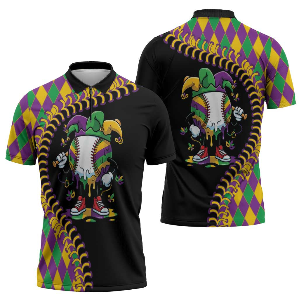 Dripping Baseball Mardi Gras Zipper Polo Shirt Throw me Something Mister!