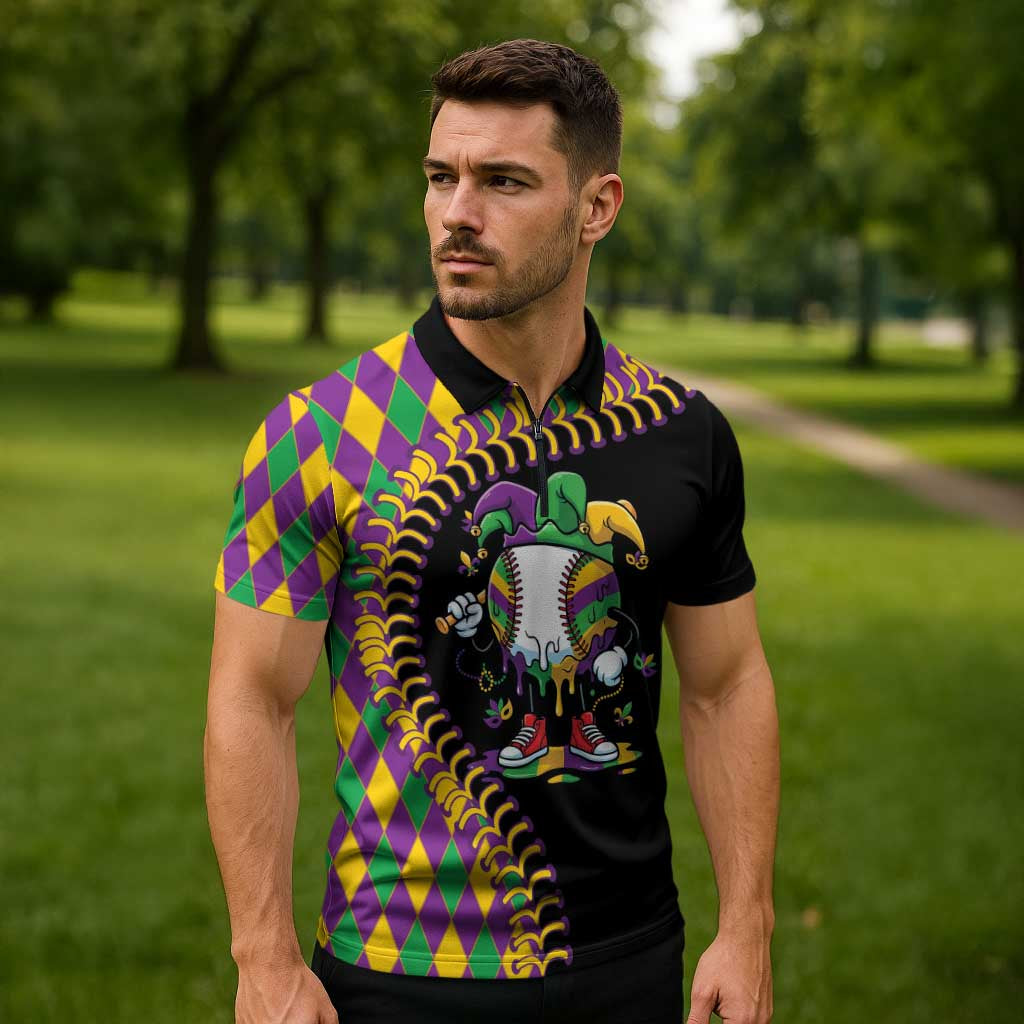 Dripping Baseball Mardi Gras Zipper Polo Shirt Throw me Something Mister!