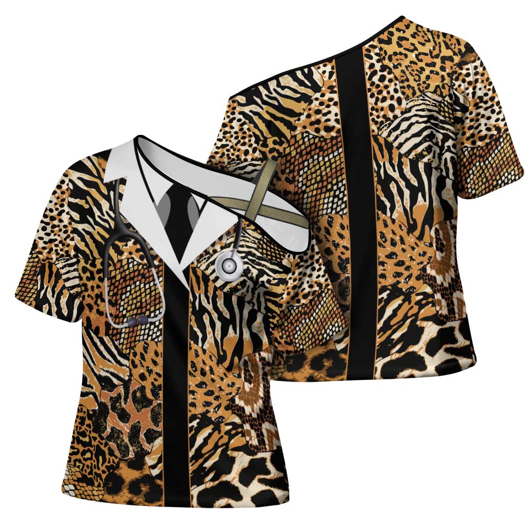 Proud Black Nurse RN Cross Shoulder Shirt African Stethoscope Animal Skins Pattern
