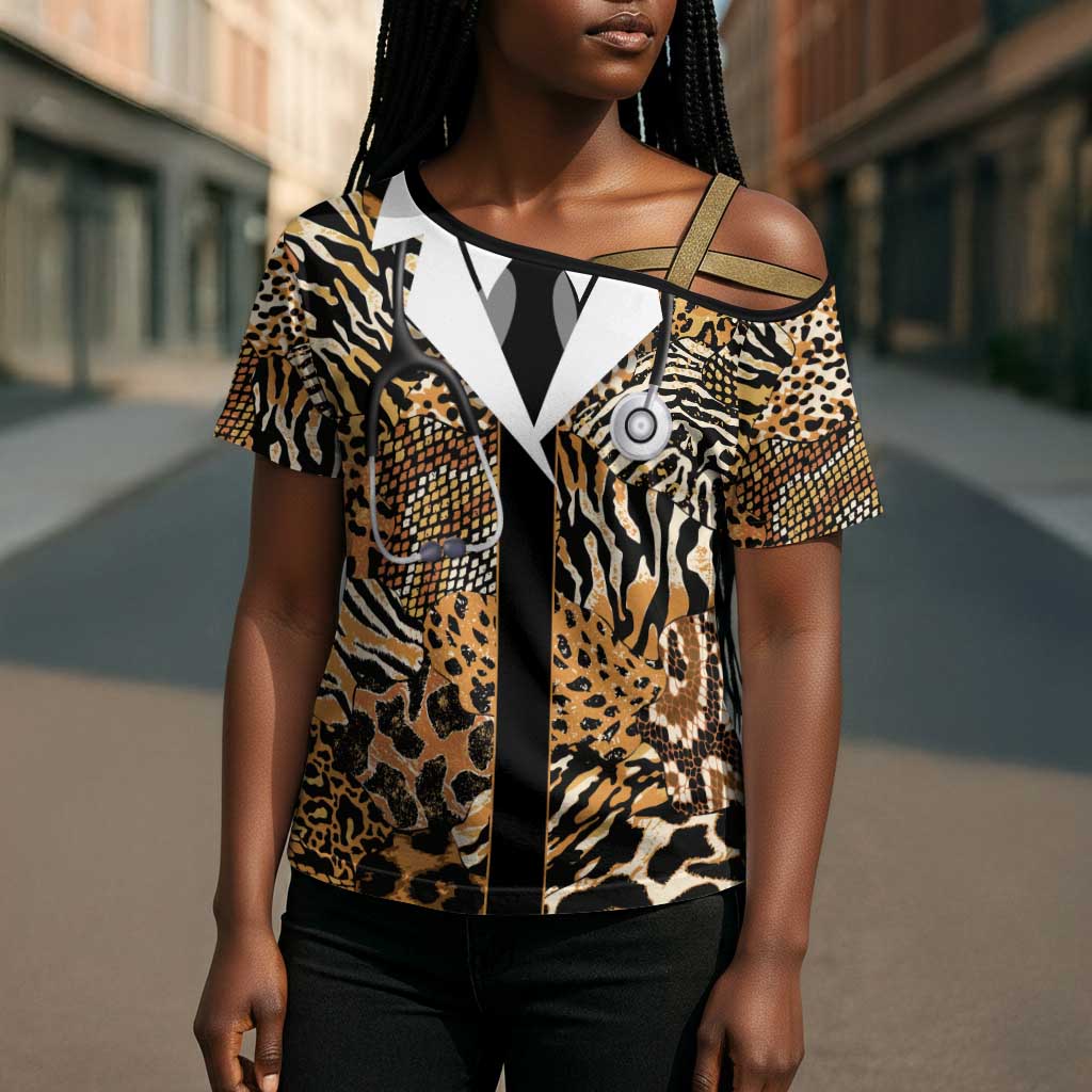 Proud Black Nurse RN Cross Shoulder Shirt African Stethoscope Animal Skins Pattern