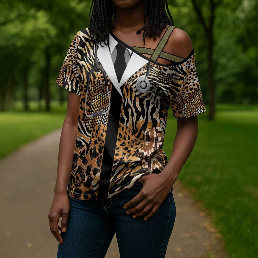 Proud Black Nurse RN Cross Shoulder Shirt African Stethoscope Animal Skins Pattern