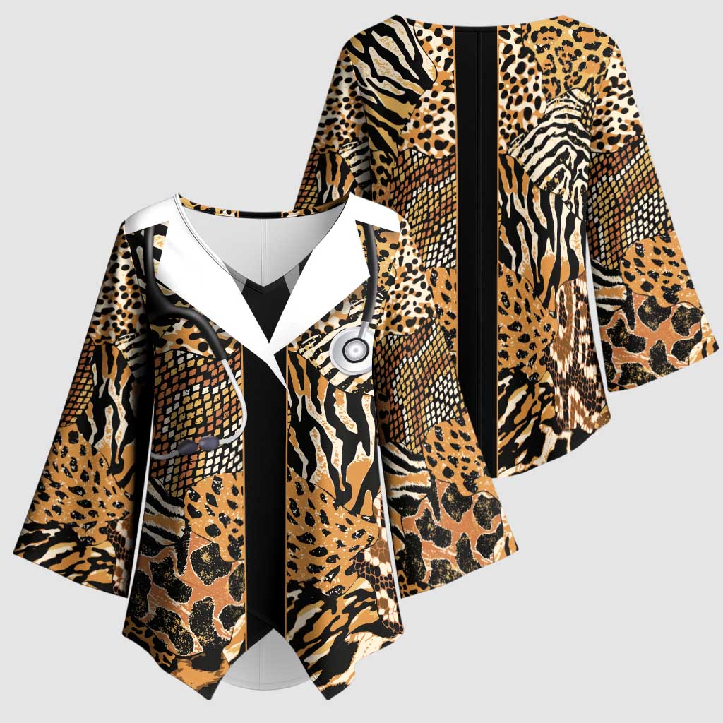 Proud Black Nurse RN Kimono Sleeve Blouse African Stethoscope Animal Skins Pattern