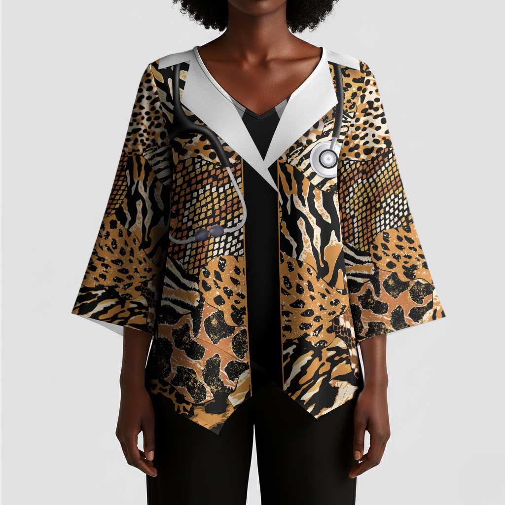 Proud Black Nurse RN Kimono Sleeve Blouse African Stethoscope Animal Skins Pattern