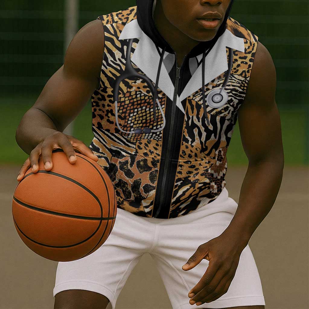 Proud Black Nurse RN Sleeveless Zip Hoodie African Stethoscope Animal Skins Pattern