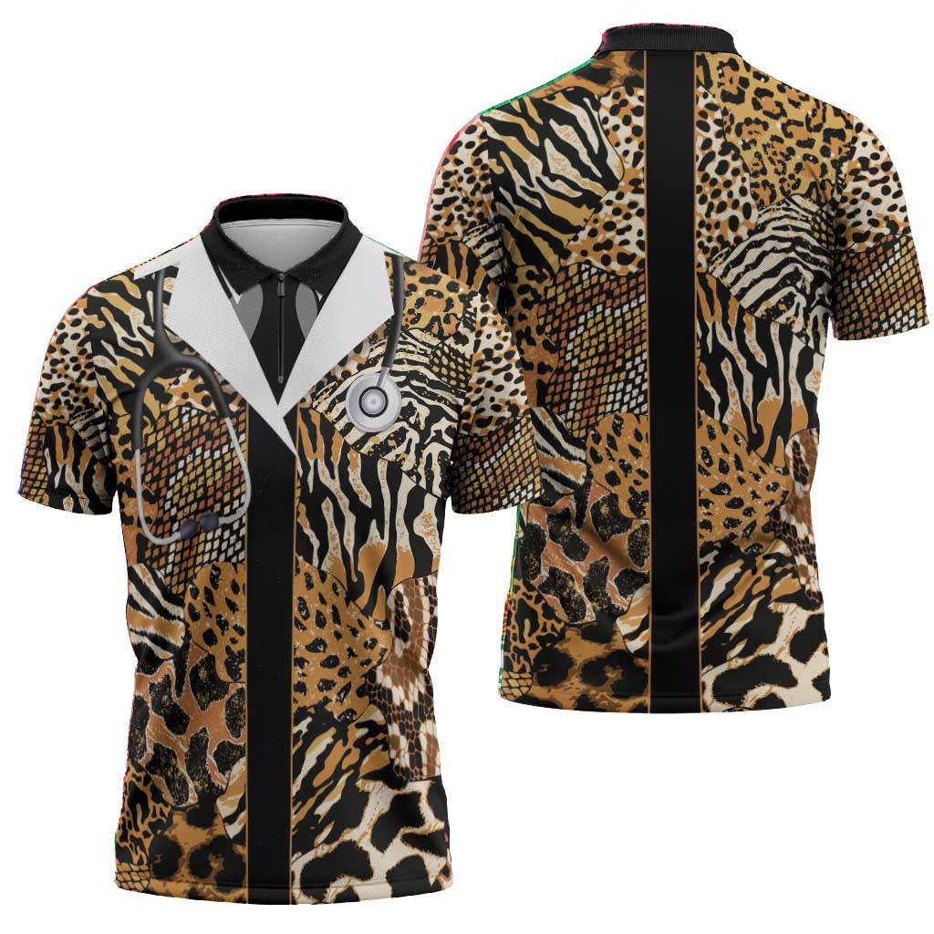 Proud Black Nurse RN Zipper Polo Shirt African Stethoscope Animal Skins Pattern