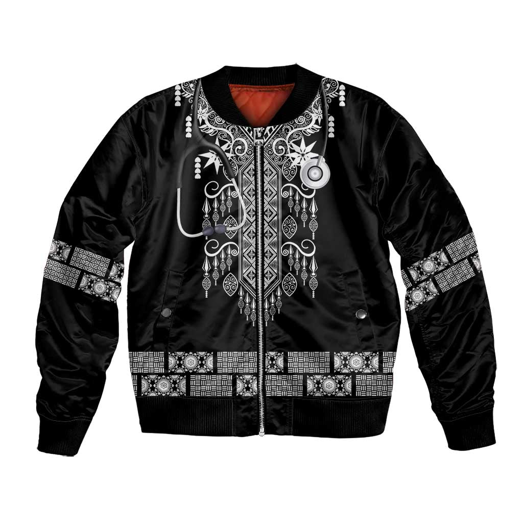 Proud Black Nurse RN Bomber Jacket Black African Pattern Stethoscope Dashiki Motif