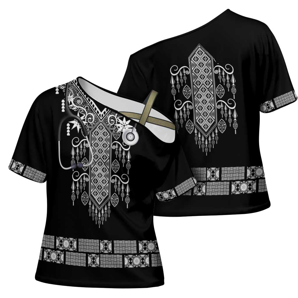Proud Black Nurse RN Cross Shoulder Shirt Black African Pattern Stethoscope Dashiki Motif