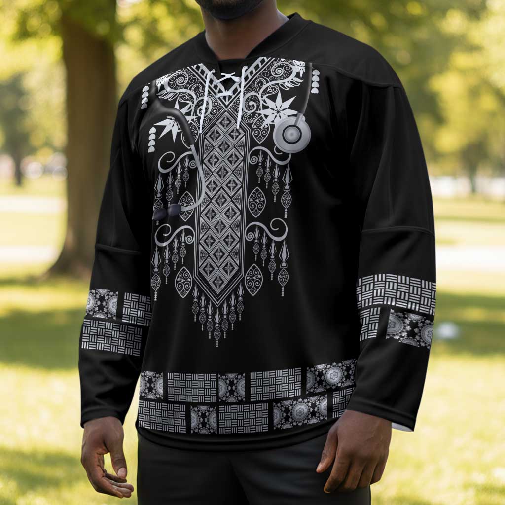 Proud Black Nurse RN Hockey Jersey Black African Pattern Stethoscope Dashiki Motif