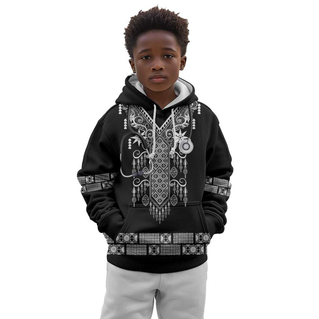 Proud Black Nurse RN Kid Hoodie Black African Pattern Stethoscope Dashiki Motif